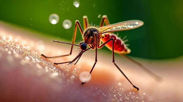 Mosquito, insect bite, disease transmission. Vector control. Skin swells from insect sting. Diseases spread through mosquito bites. Prevention methods reduce malaria spread.