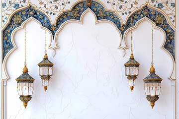 Obraz premium Elegant Islamic Architecture with Hanging Lanterns and Intricate Wall Decorations