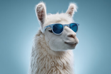 Fototapeta premium A stylish llama wearing blue sunglasses against a soft blue background, exuding a cool vibe