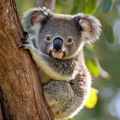 Cute koala bear with large eyes on tree branch
