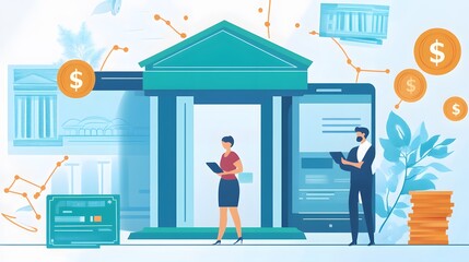 Digital Banking Illustration: A modern illustration depicts financial transactions, data analysis, and mobile banking, reflecting a sophisticated and connected digital world.