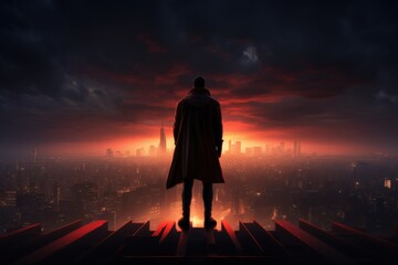 A silhouetted figure stands on a rooftop, gazing at a dramatic sunset over a city skyline, evoking a sense of mystery and introspection.