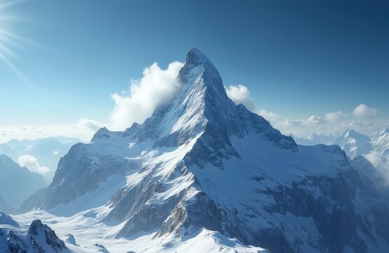 Stunning landscape with snowy triangular steep mountain peaks against clear blue sky. Clouds swirl around the mountain top on a windy day. Great view of mountains range covered with ice and snow.