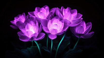 Stunning display of glowing purple lotus flowers, radiating beauty and tranquility