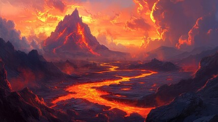 Naklejka premium A river of lava flowing from an erupting volcano, molten rock glowing in bright orange and red hues generative ai