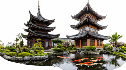 Serene Asian Garden with Traditional Pagodas and Colorful Koi Fish Swimming in Tranquil Pond