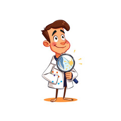 Obraz premium A playful cartoon-style illustration featuring a young boy with glasses holding a clipboard and a cheerful male scientist with a magnifying glass.