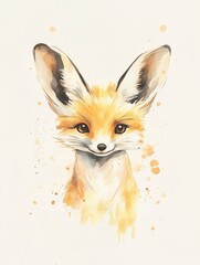 Obraz premium Watercolor painting of a Fennec fox, light orange and beige tones, off white background, large ears, cute expression