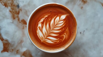 Top view of a latte with latte art in a white cup on a marble surface.