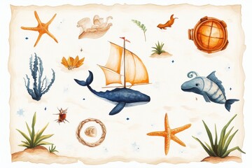 Naklejka premium Watercolor illustration of ocean life and sailing ship on parchment background. Includes whales, starfish, seashells, and aquatic plants.