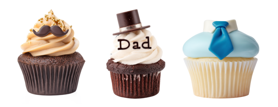 Father's Day cupcakes with masculine decorations including mustache, top hat, "Dad" lettering, and fondant shirt with tie, chocolate and vanilla flavors, isolated on transparent background