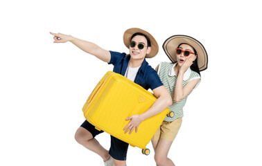 portrait of asian couple wearing travel clothes, carrying suitcases and posing on white background	
