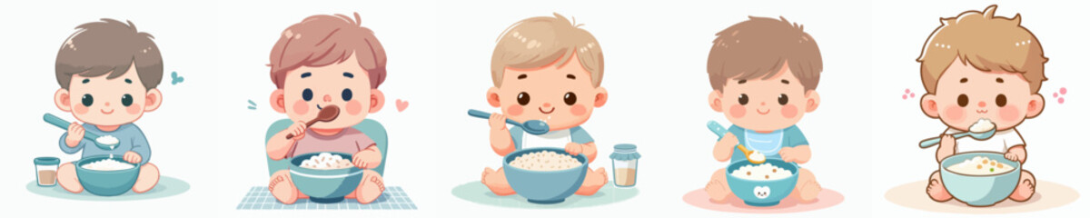 Vector collection of a cute little Baby boy eating porridge in a bowl with a spoon