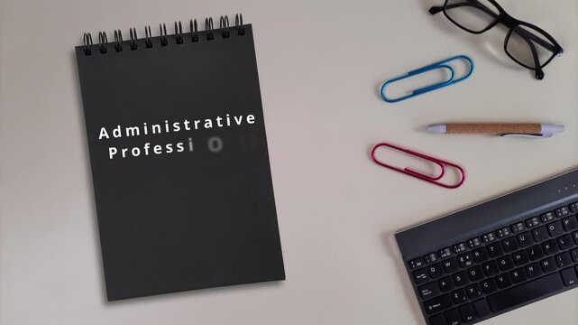 Administrative Professionals Day message on black spiral notebook on office desk. Secretaries Day or Admin Day. Business greeting concept. Last full week of April. preparation for professional holiday