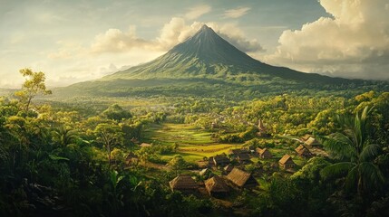 Fototapeta premium Lush valley with an imposing volcano in the background, small villages near the base, tranquil scene. generative ai