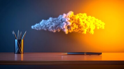 Creative workspace with a pen and pencil holder, featuring a colorful cloud of smoke in the background
