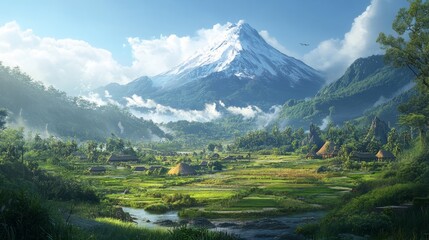 Fototapeta premium Lush valley with an imposing volcano in the background, small villages near the base, tranquil scene. generative ai