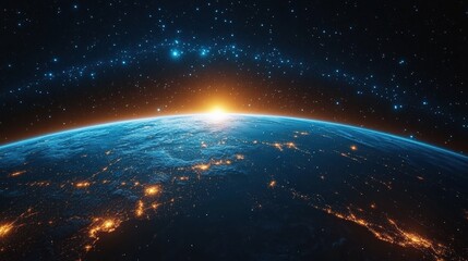 Earth at Dawn from Space with City Lights