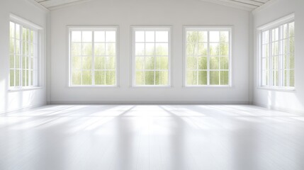 Bright, empty room with large windows. Sunlight streams in, casting shadows on the white floor.  The walls and ceiling are a crisp white, creating a spacious and airy feel