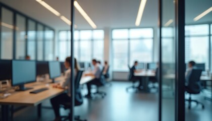 Blurred office interior with people working on computers. Corporate setting, business professionals at work. Glass doors, open space, teamwork, collaboration.