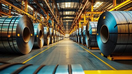 Fototapeta premium and organized steel coil storage room with clearly labeled sections and bright lighting, copy space on foreground floor clean warehouse, steel coil organization, factory lighting, labeled storage, 