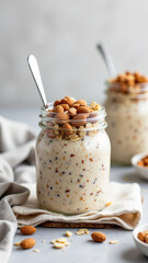 Fototapeta premium Creamy almond-based dessert or drink with a sprinkling of crushed nuts on top.