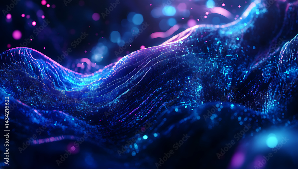Poster digital technology background with glowing blue lines and pixelated shapes, creating an abstract dig
