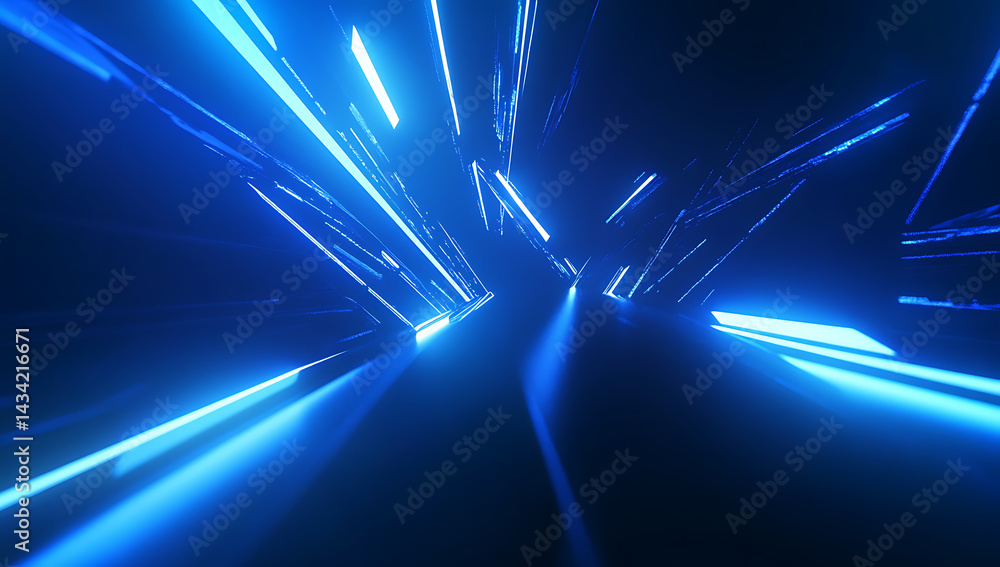 Poster digital technology background with glowing blue lines and pixelated shapes, creating an abstract dig