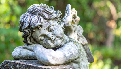 Gray stone sculpture of sleeping guardian angel. Antique statue with closed eyes. Religion concept
