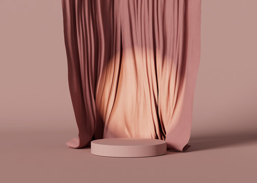 3D display podium, pink background with pedestal and cloth curtain. Stage with spot light. Beauty, cosmetic product presentation stand. Luxury feminine mockup 3d render advertisement showcase