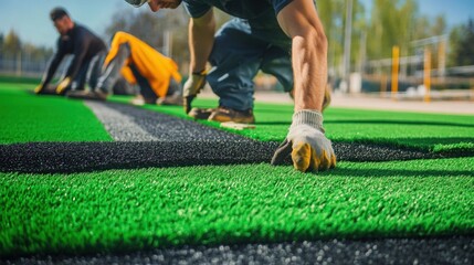 Workers installing an advanced irrigation system under a football field to maintain optimal grass conditions,Workers installing protective fences and benches around a newly constructed basketball cour