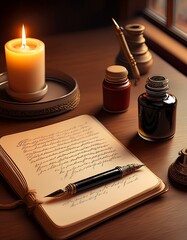 Poesie und Tinte – nostalgisches Schreibarrangement mit Feder und Notizbuch