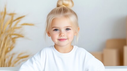 Child with blonde hair in white sweater, soft natural light, high resolution, portrait close-up shot, subtle smile, simple background, neutral warm tones, ideal for childrens products.