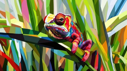 Vibrant chameleon amidst geometric foliage.