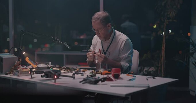 Caucasian od man engineer sitting at table office soldering iron materials on microchip board repairing technoogy device at night.