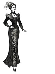 beautiful lady in vintage fashion vector sketch illustration