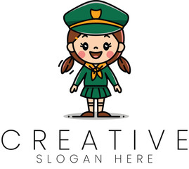 Happy Girl Scout Cartoon Character Logo Design Illustration Hat Kid Fun Cute Hair Icon    