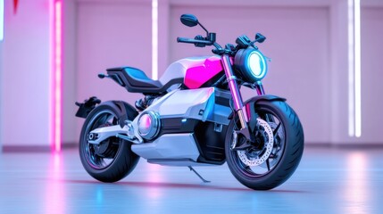 Futuristic electric motorcycle in a modern garage setting.  Neon lighting highlights the sleek design
