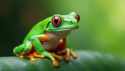 Green tree frog perched on white, vibrant skin, fauna, tree frog