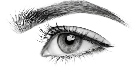 Fototapeta premium Black and white macro close-up captures the abstract beauty of a woman's eye, her dark pupil contrasting with the white of her eyeball and delicate eyelashes