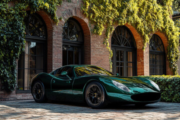 Elegant green sports car parked in front of ivy-covered brick building on cobblestone