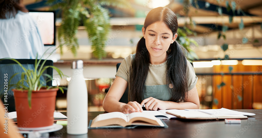 Poster library, reading book and woman learning in university for knowledge, assignment research and thesis