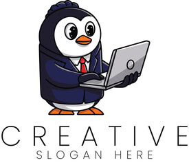 Cute Penguin Businessman Working Laptop Digital Art logo bird icon flat funny image media 