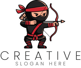 Cute Ninja Archer Cartoon Character Design Illustration Bow Red Fun Aim Kid Logo Icon Game