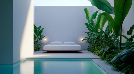 Serene modern patio, tranquil outdoor space with lush greenery, minimalist design and inviting lounge area by pool.
