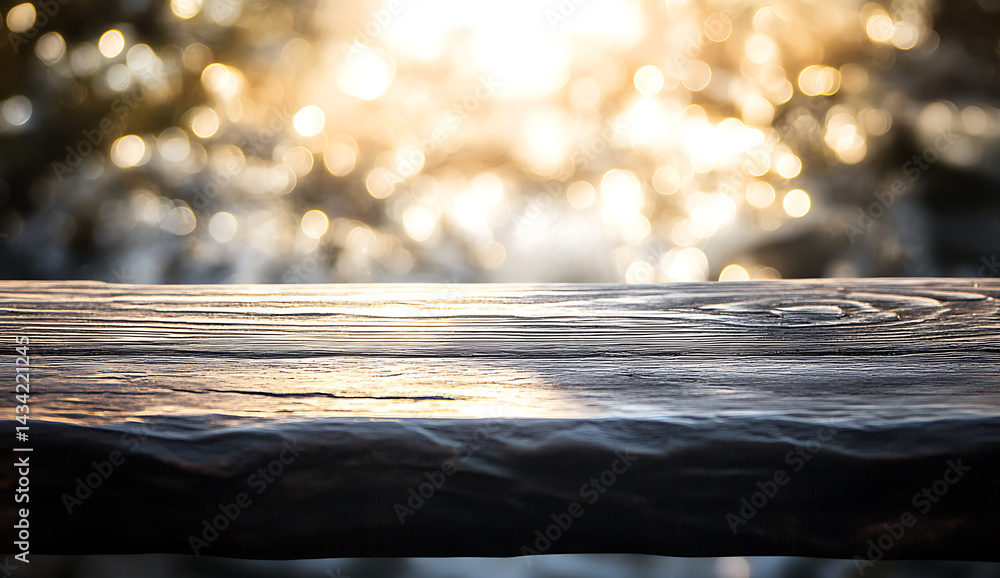 Poster empty, beautiful wooden table top on a blurred, bokeh background of a coffee shop, a panoramic banne