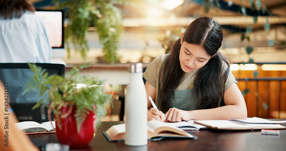 Aufkleber library, writing notes and woman learning in university for knowledge, assignment research or thesis