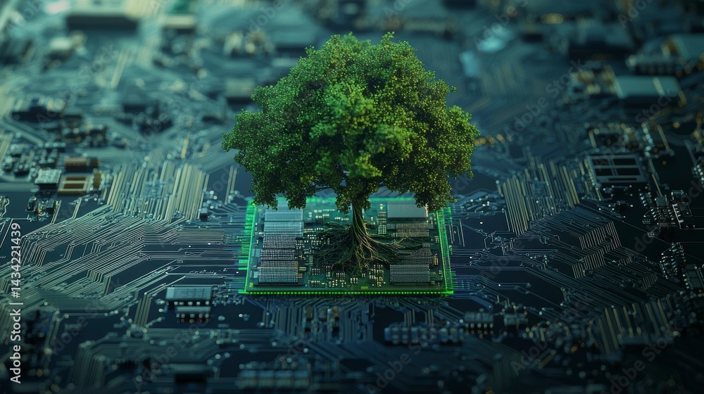 Aufkleber lush green tree growing from a central processing unit on a circuit board.