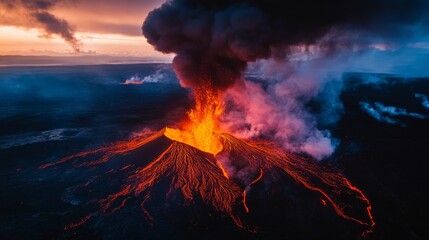 Fototapeta premium A huge volcano spews bright red lava, thick black smoke covers the sky, cinematic composition. generative ai