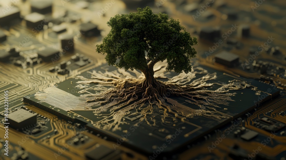 Aufkleber a lush green tree with intricate roots growing from a microchip's center, symbolizing nature's integ